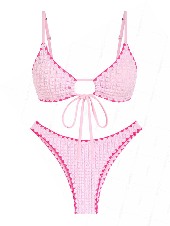 Seamolly Contrast Color Textured Whip Stitching Tied Bikini Set