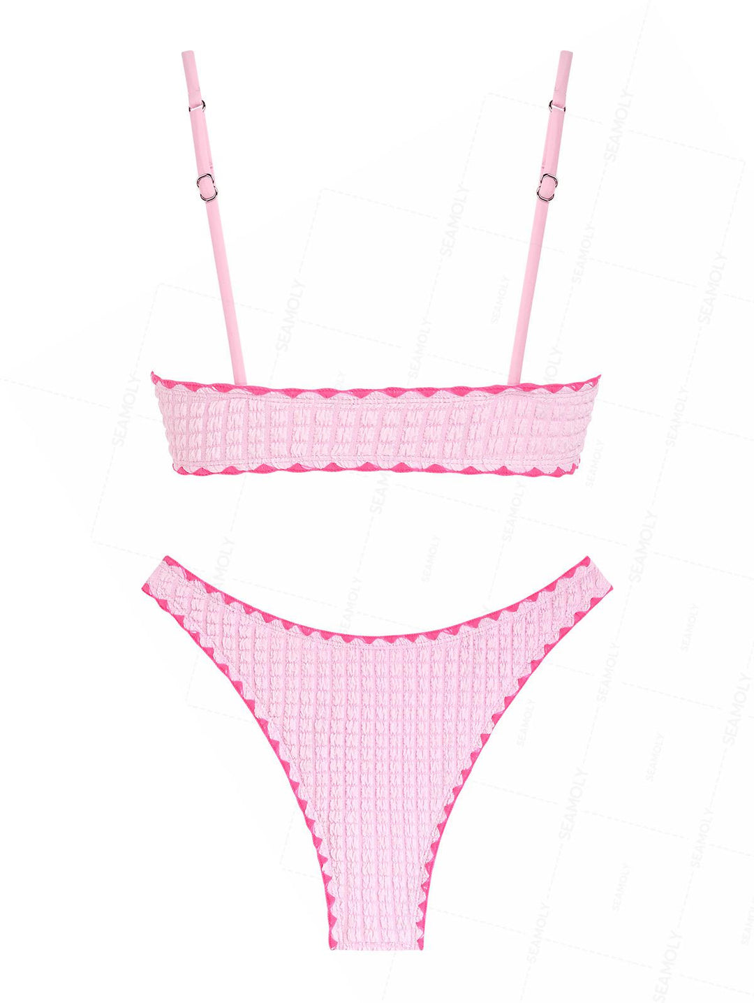 Seamolly Contrast Color Textured Whip Stitching Tied Bikini Set