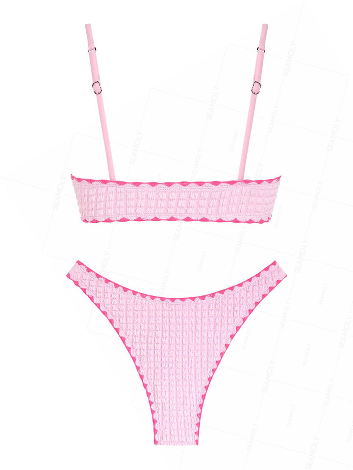Seamolly Contrast Color Textured Whip Stitching Tied Bikini Set