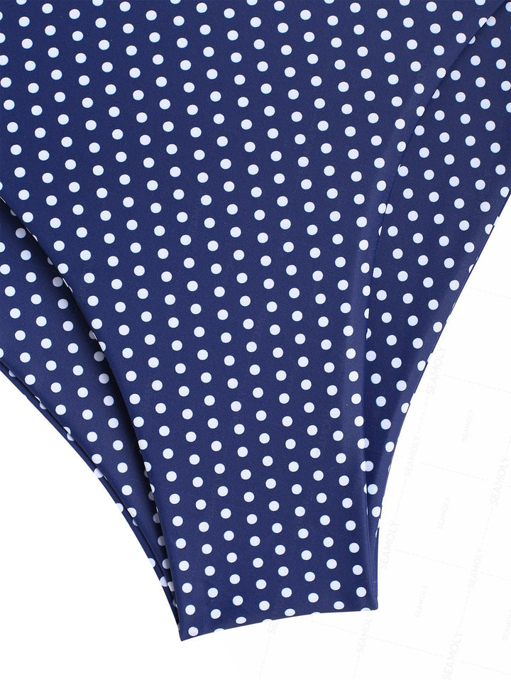 Seamolly Polka Dot Print Deep V Neck Halter Tied Tankini Set