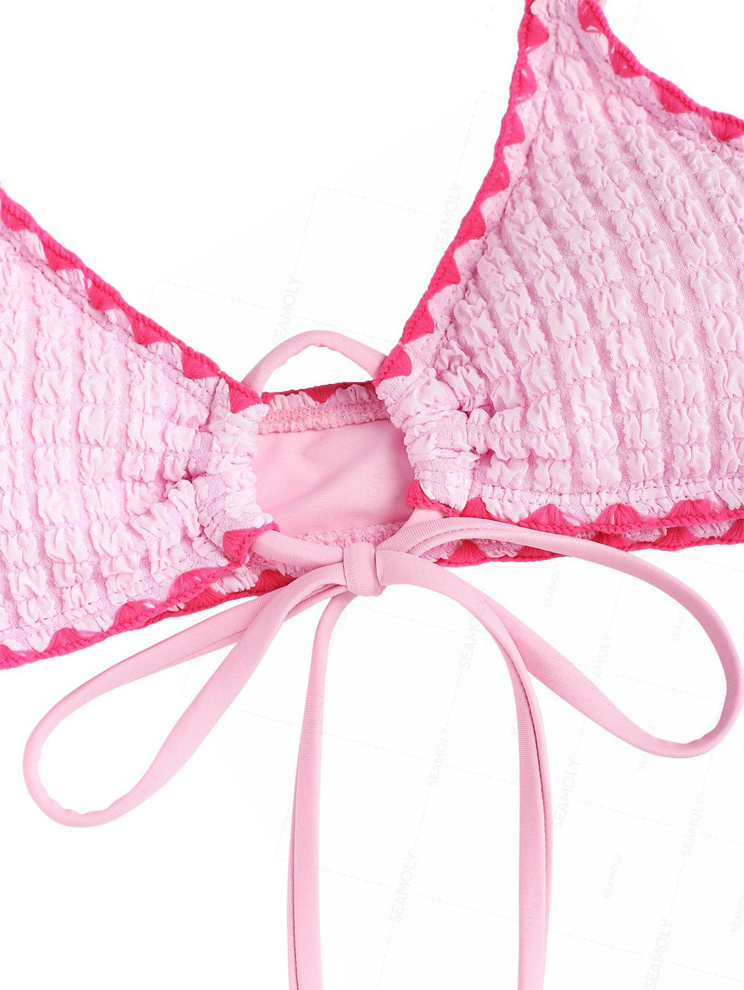 Seamolly Contrast Color Textured Whip Stitching Tied Bikini Set