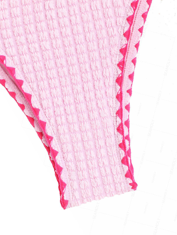 Seamolly Contrast Color Textured Whip Stitching Tied Bikini Set