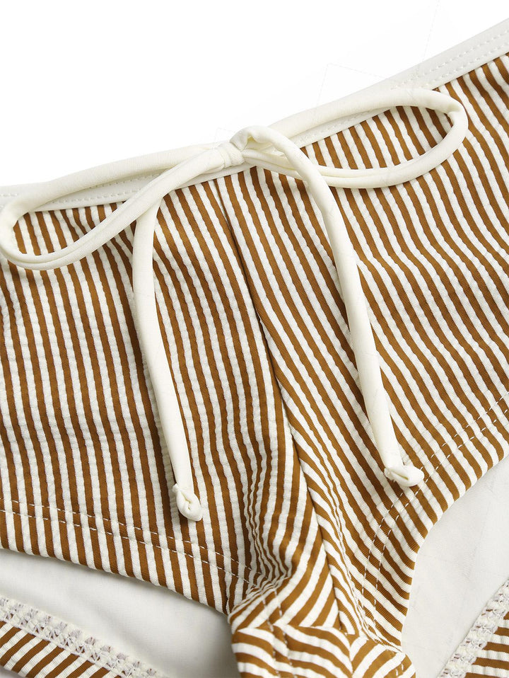 Janex Coffee Striped Lace Bowknot Halter Triangle Cheeky Boyshort Bikini Set
