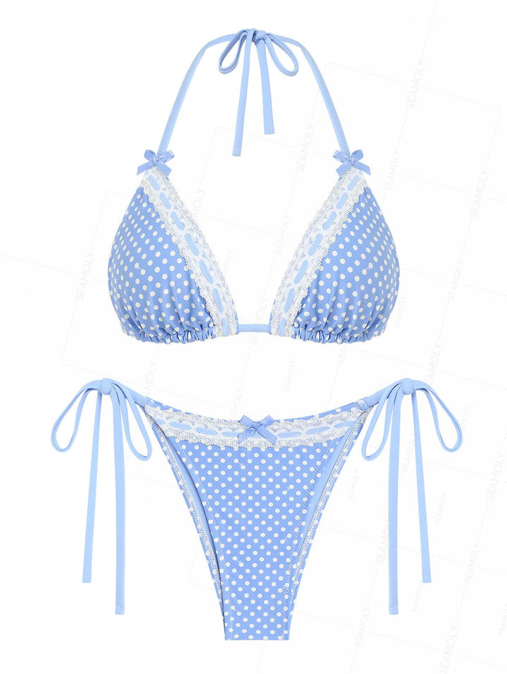 Seamolly Polka Dot Print Lace Bowknot  Bikini Set