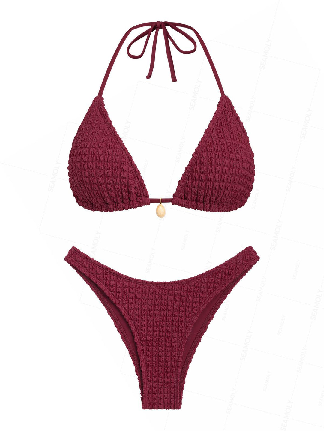 Seamolly Textured Shell Decor Halter Triangle Cheeky Bikini Set