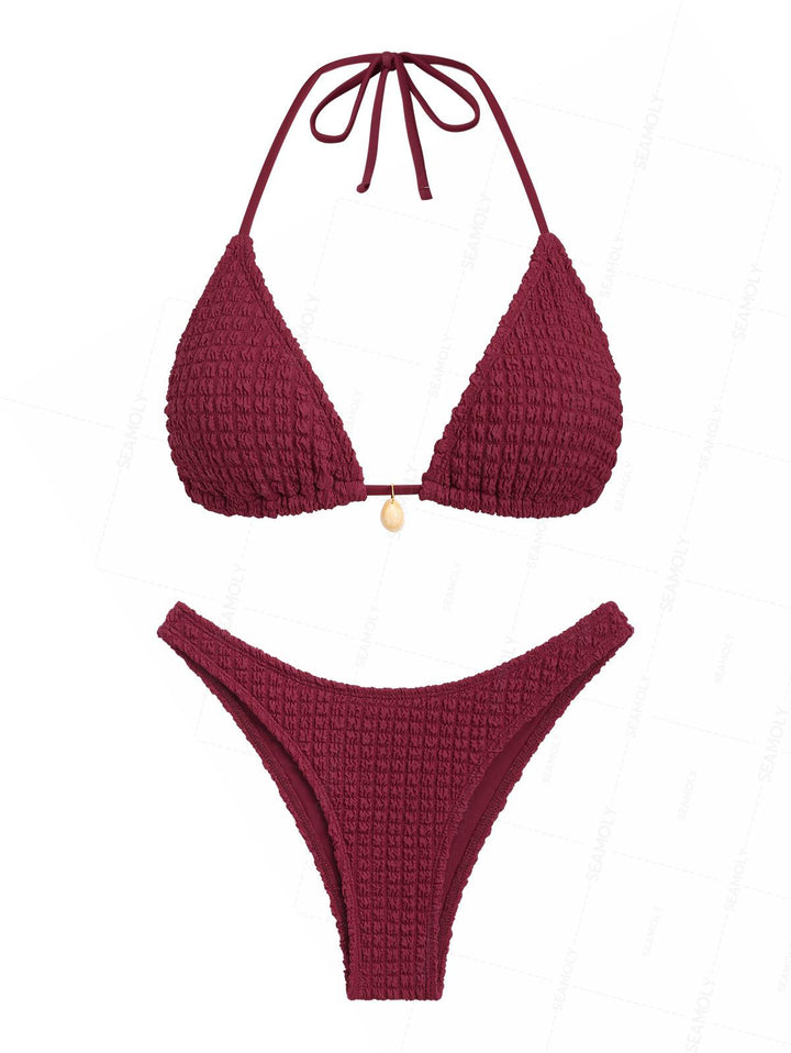 Seamolly Textured Shell Decor Halter Triangle Cheeky Bikini Set