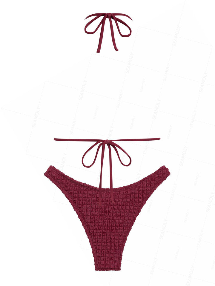 Seamolly Textured Shell Decor Halter Triangle Cheeky Bikini Set