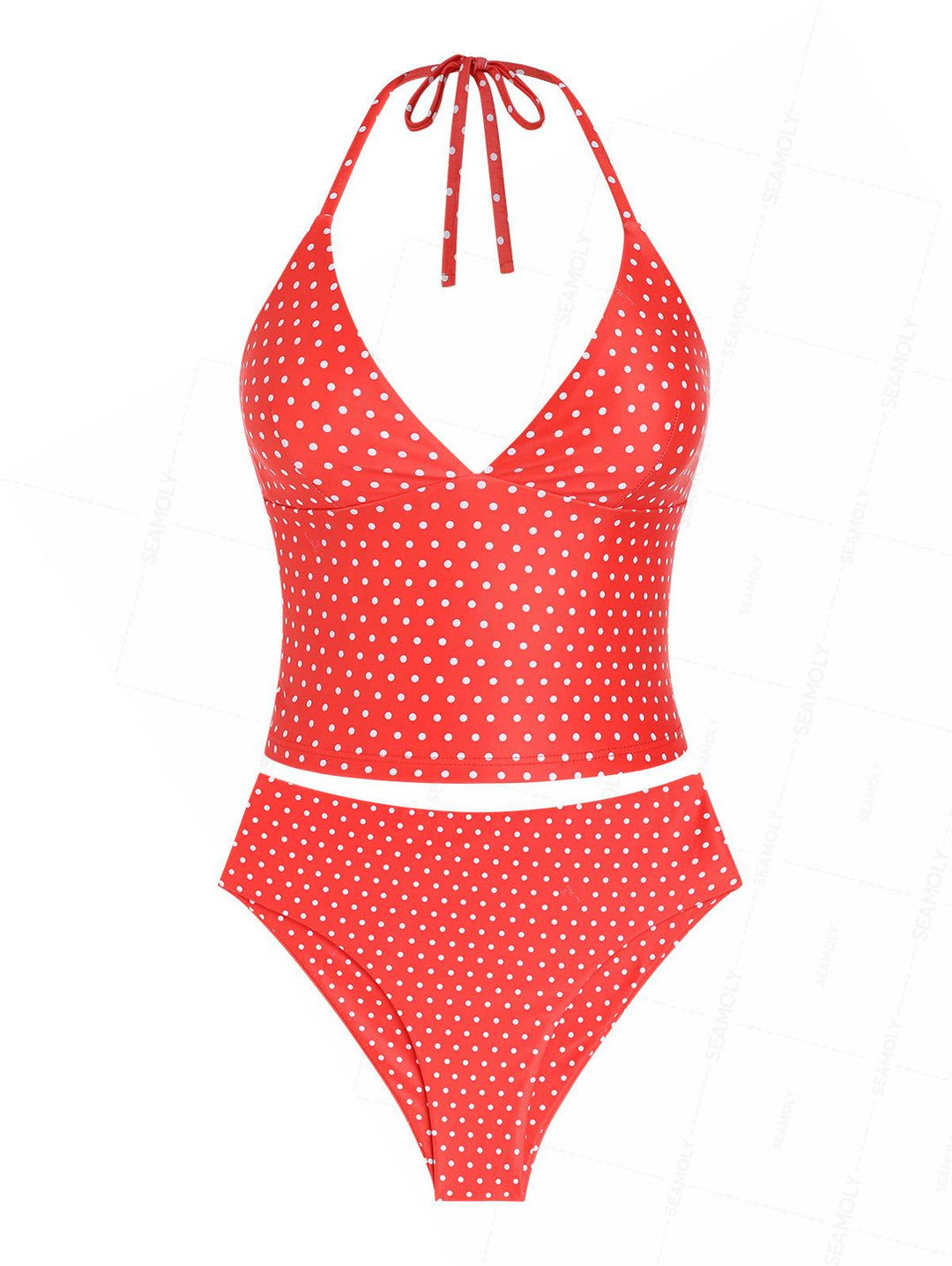 Seamolly Polka Dot Print Deep V Neck Halter Tied Tankini Set