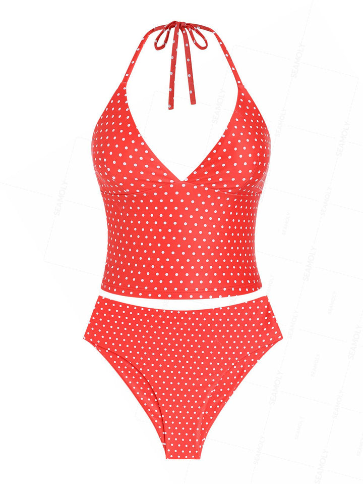 Seamolly Polka Dot Print Deep V Neck Halter Tied Tankini Set