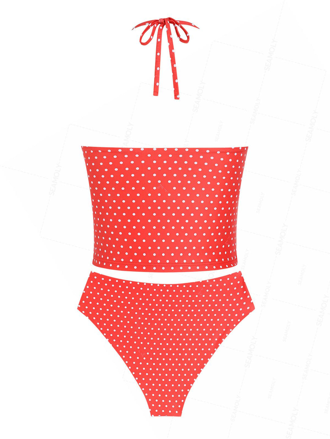 Seamolly Polka Dot Print Deep V Neck Halter Tied Tankini Set