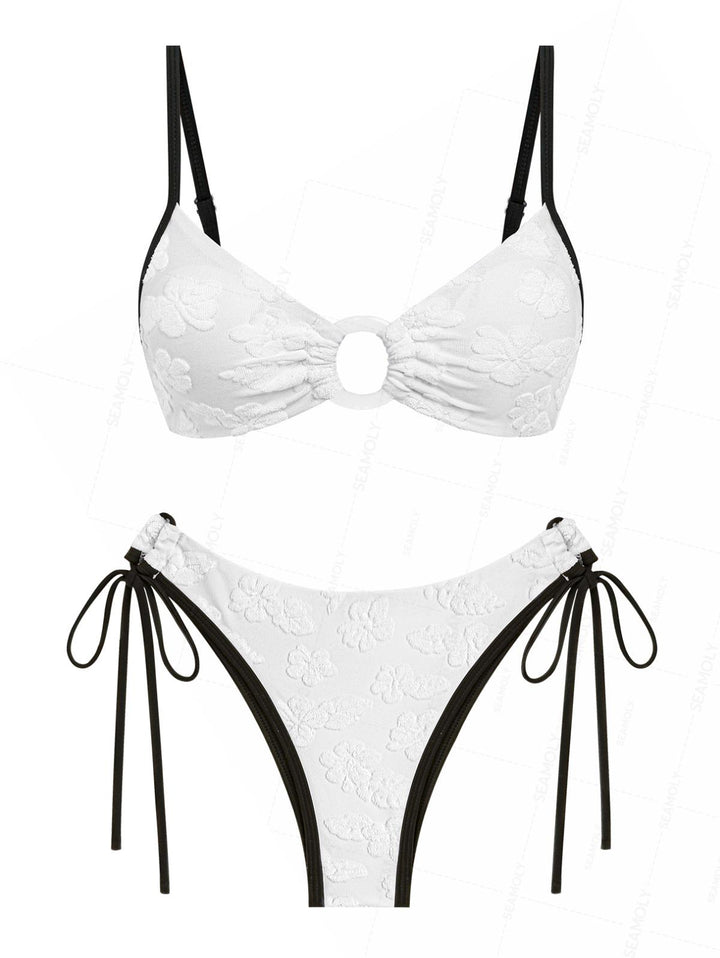 Seamolly Terry Cloth Floral Leaf Jacquard O Ring Bikini Set