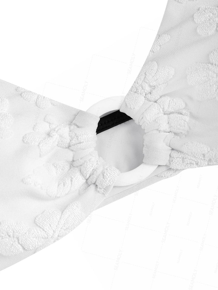 Seamolly Terry Cloth Floral Leaf Jacquard O Ring Bikini Set