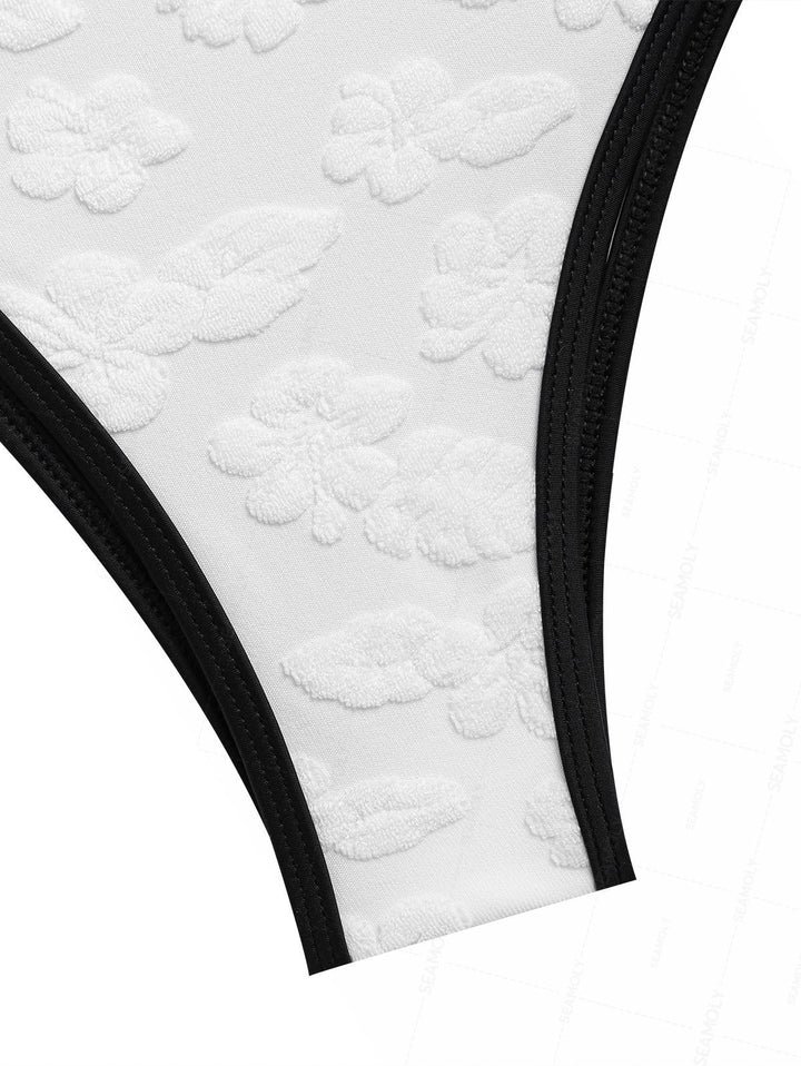 Seamolly Terry Cloth Floral Leaf Jacquard O Ring Bikini Set