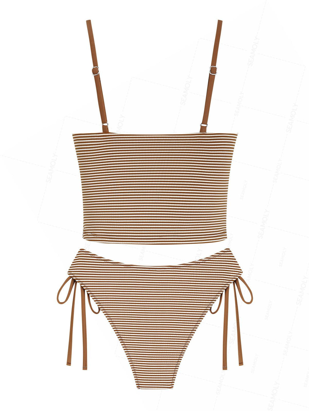 Seamolly Striped Lace Bowknot Plunging Neck Cinched Tie Side Tankini Set