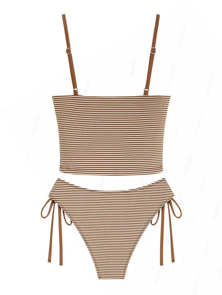 Seamolly Striped Lace Bowknot Plunging Neck Cinched Tie Side Tankini Set