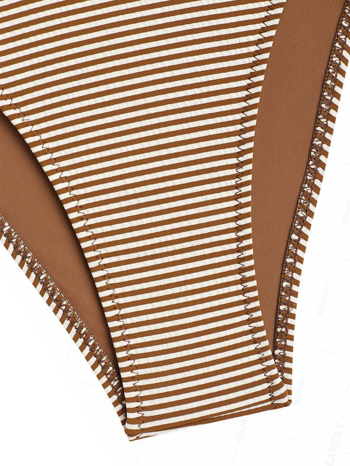 Seamolly Striped Lace Bowknot Plunging Neck Cinched Tie Side Tankini Set