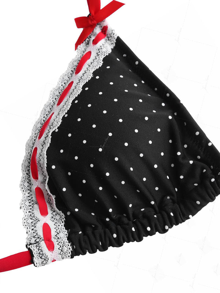 Black Polka Dot Print Vintage Lace Bowknot Halter Triangle Bikini Top