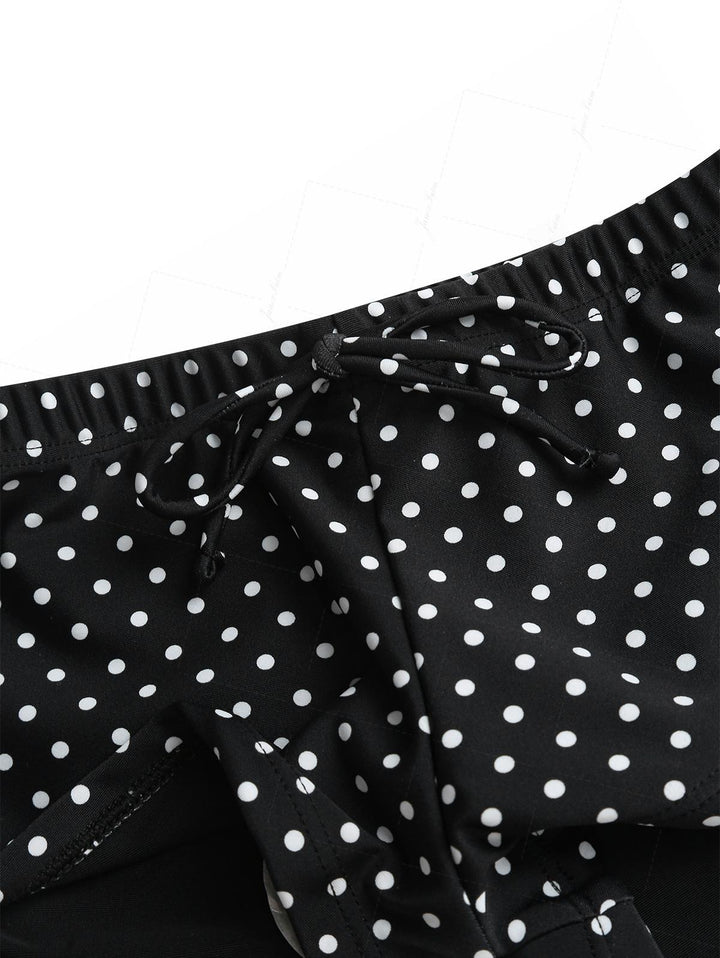 Janex Black Polka Dot Print Lace Bowknot Triangle Cheeky Boyshorts Bikini Set