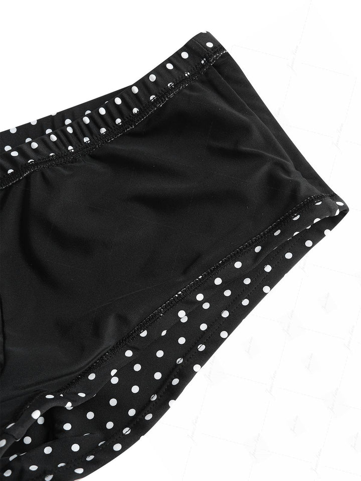 Janex Black Polka Dot Print Lace Bowknot Triangle Cheeky Boyshorts Bikini Set