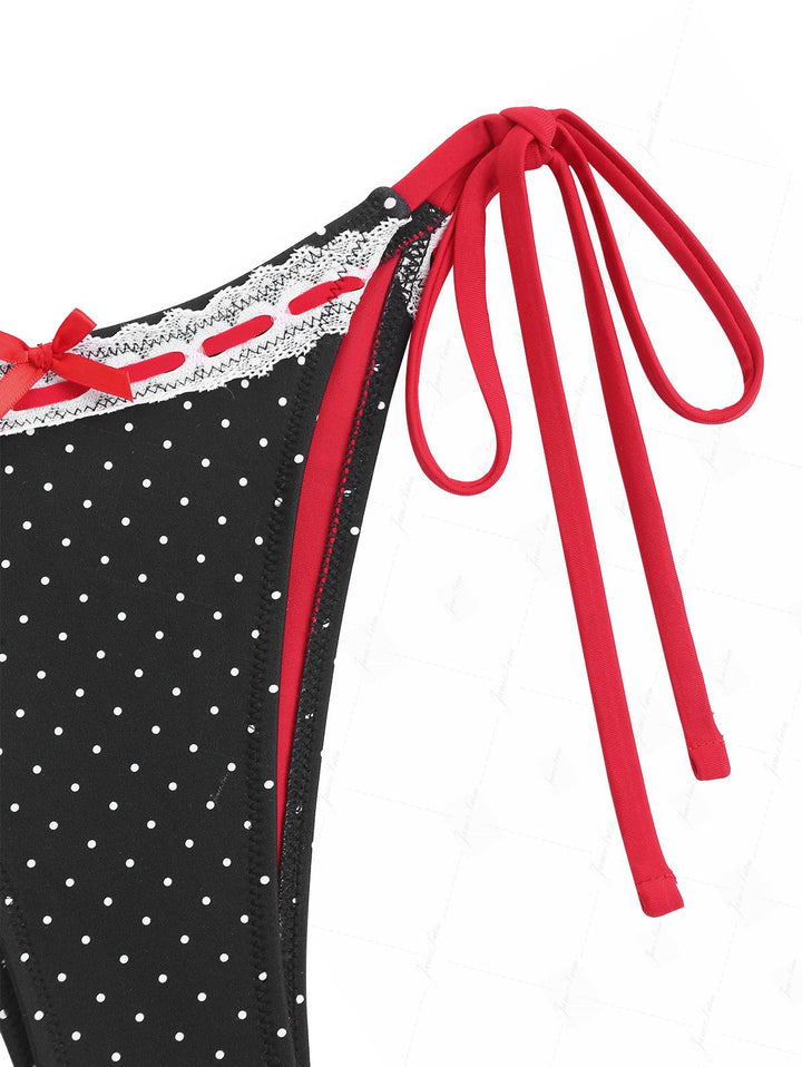 Janex Black Polka Dot Print Vintage Lace Bowknot Halter Triangle Bikini Set