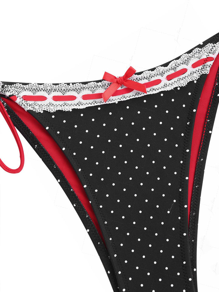 Janex Black Polka Dot Print Vintage Lace Bowknot Halter Triangle Bikini Set