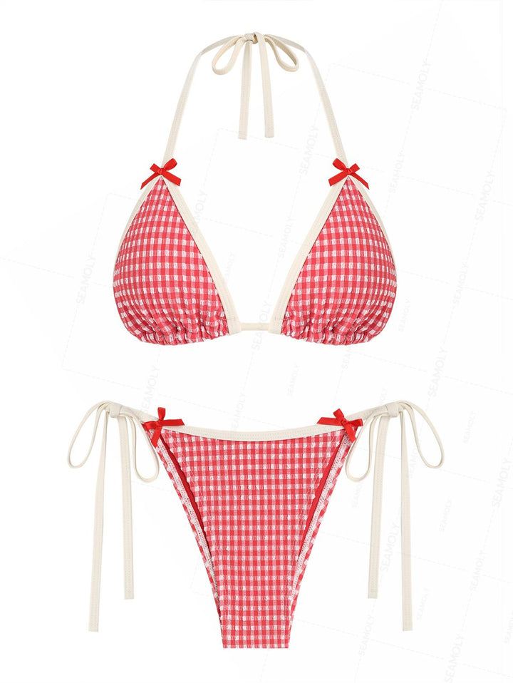Seamolly Retro Vintage Inspired Gingham Textured Bowknot Halter Triangle Tie Side Bikini Set