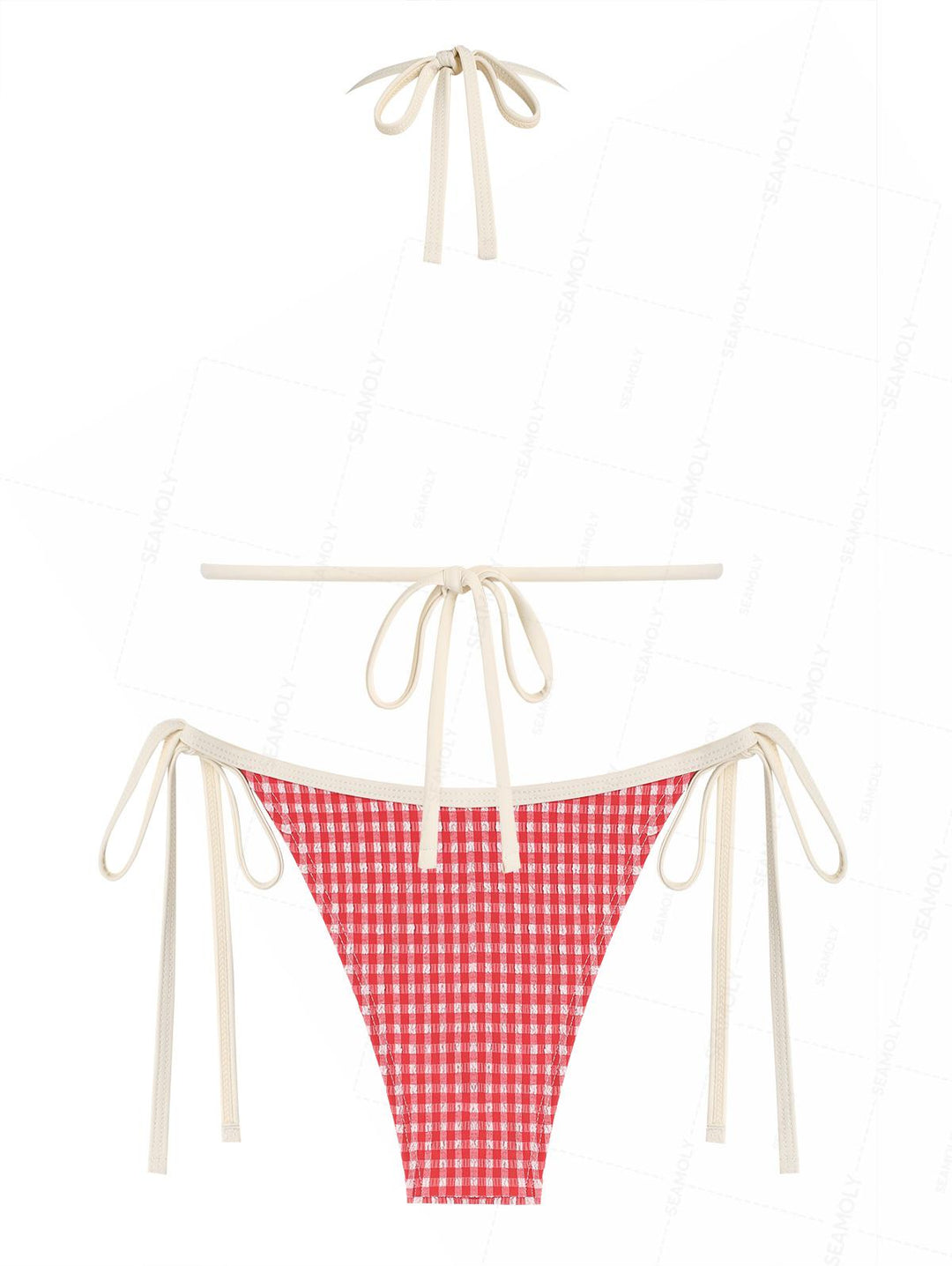 Seamolly Retro Vintage Inspired Gingham Textured Bowknot Halter Triangle Tie Side Bikini Set