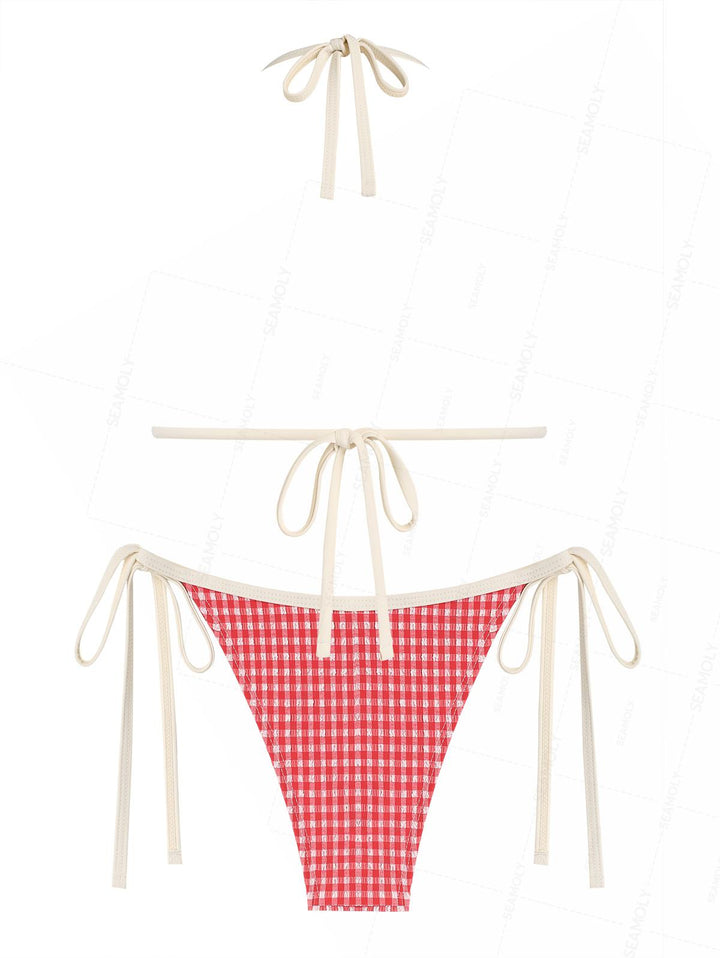 Seamolly Retro Vintage Inspired Gingham Textured Bowknot Halter Triangle Tie Side Bikini Set