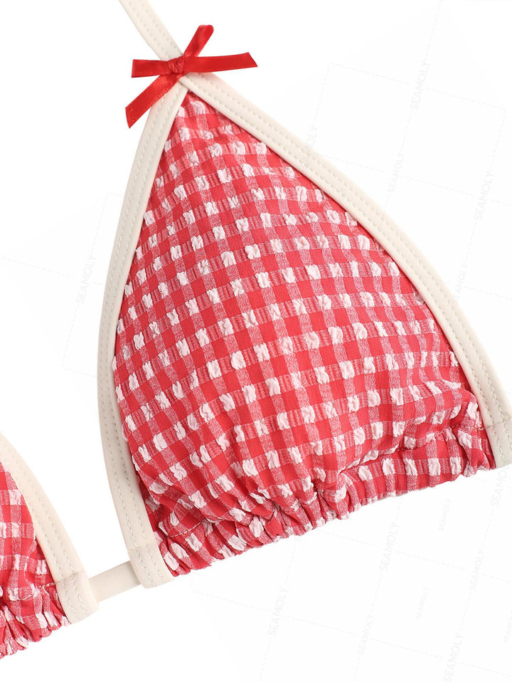 Seamolly Retro Vintage Inspired Gingham Textured Bowknot Halter Triangle Tie Side Bikini Set