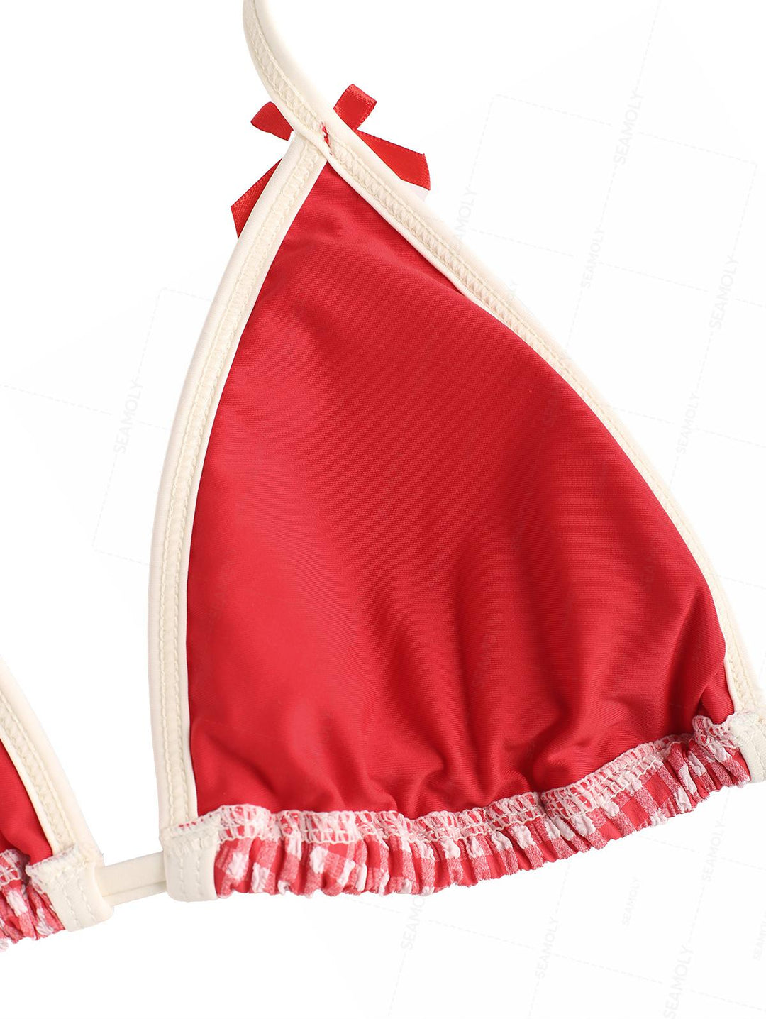 Seamolly Retro Vintage Inspired Gingham Textured Bowknot Halter Triangle Tie Side Bikini Set