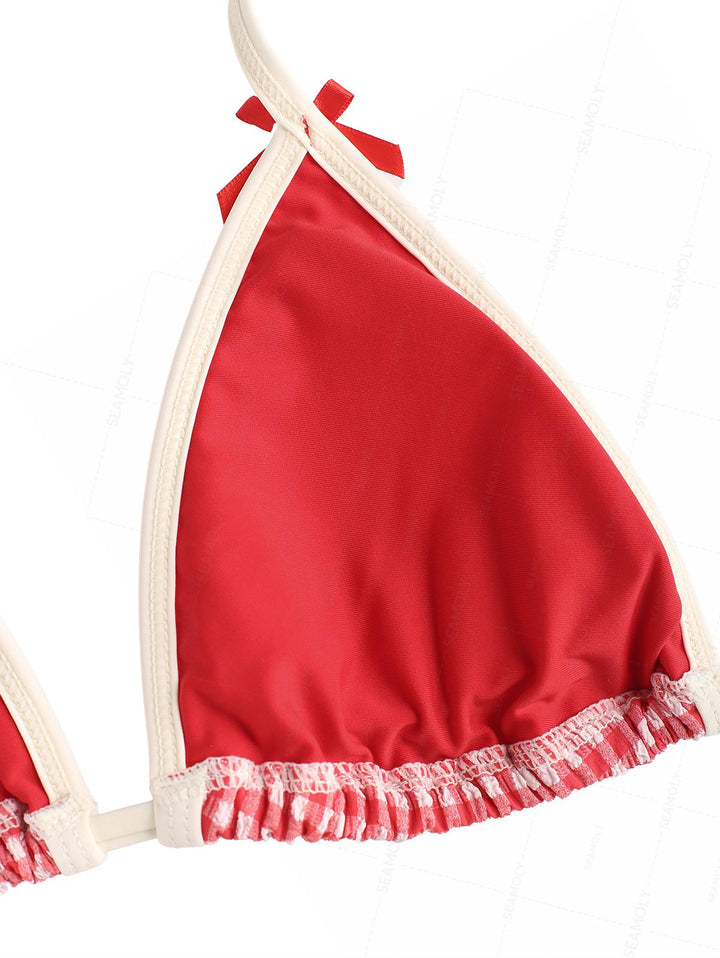 Seamolly Retro Vintage Inspired Gingham Textured Bowknot Halter Triangle Tie Side Bikini Set