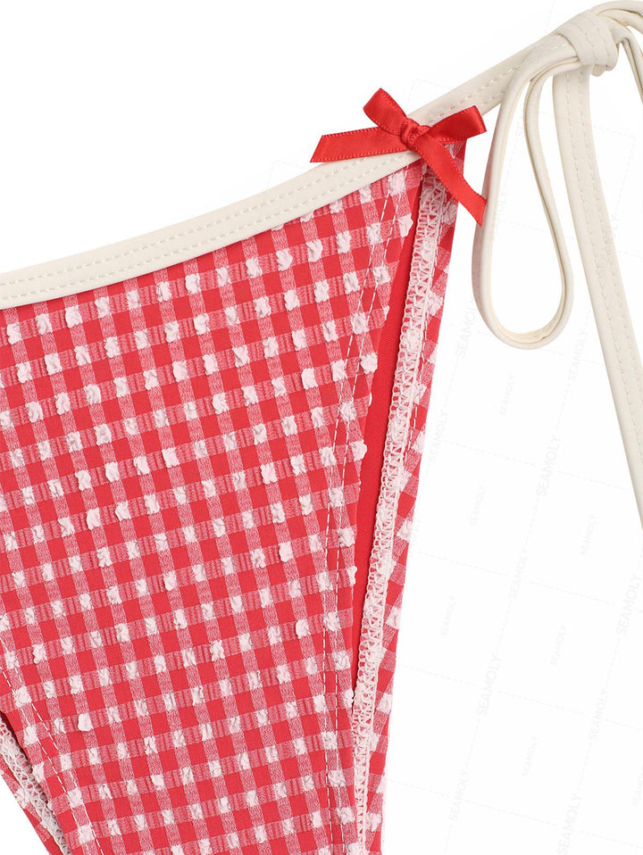 Seamolly Retro Vintage Inspired Gingham Textured Bowknot Halter Triangle Tie Side Bikini Set