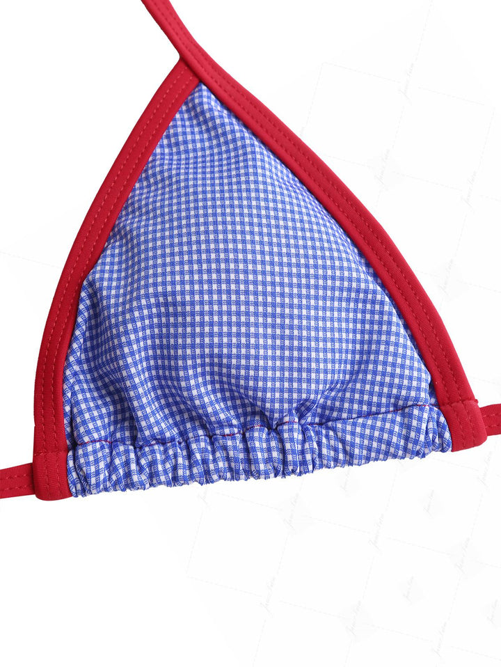 Navy Blue Knitted Plaid Contrast Binding Halter Triangle Bikini Set for 4th of July