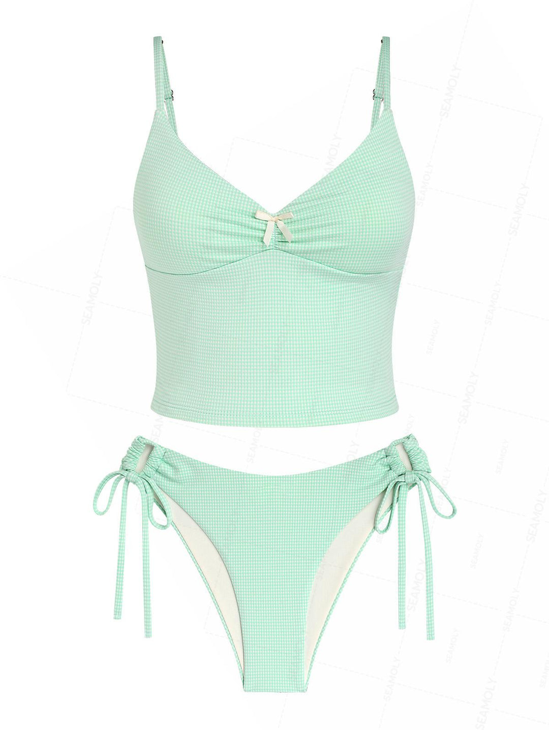 Seamolly Gingham Ruched Bowknot Cinched Tie Side Cami Tankini Set