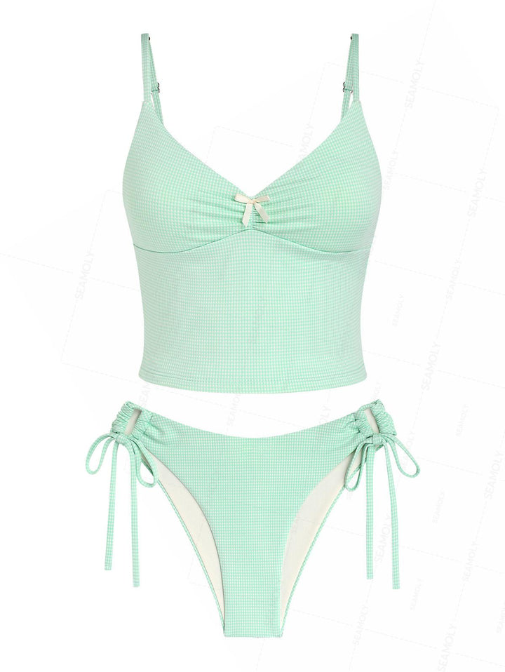 Seamolly Gingham Ruched Bowknot Cinched Tie Side Cami Tankini Set