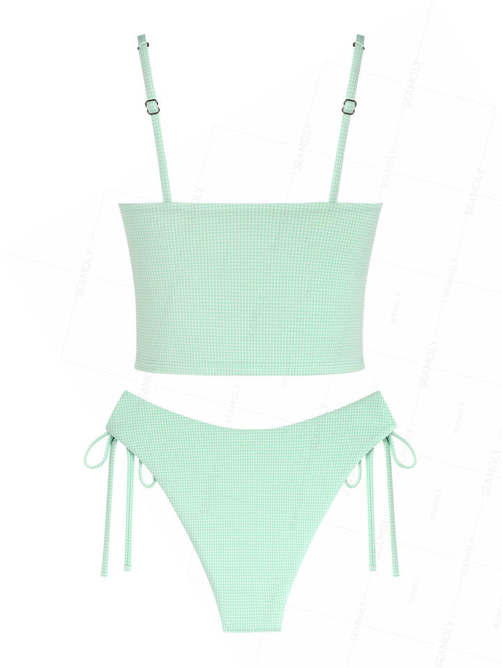 Seamolly Gingham Ruched Bowknot Cinched Tie Side Cami Tankini Set