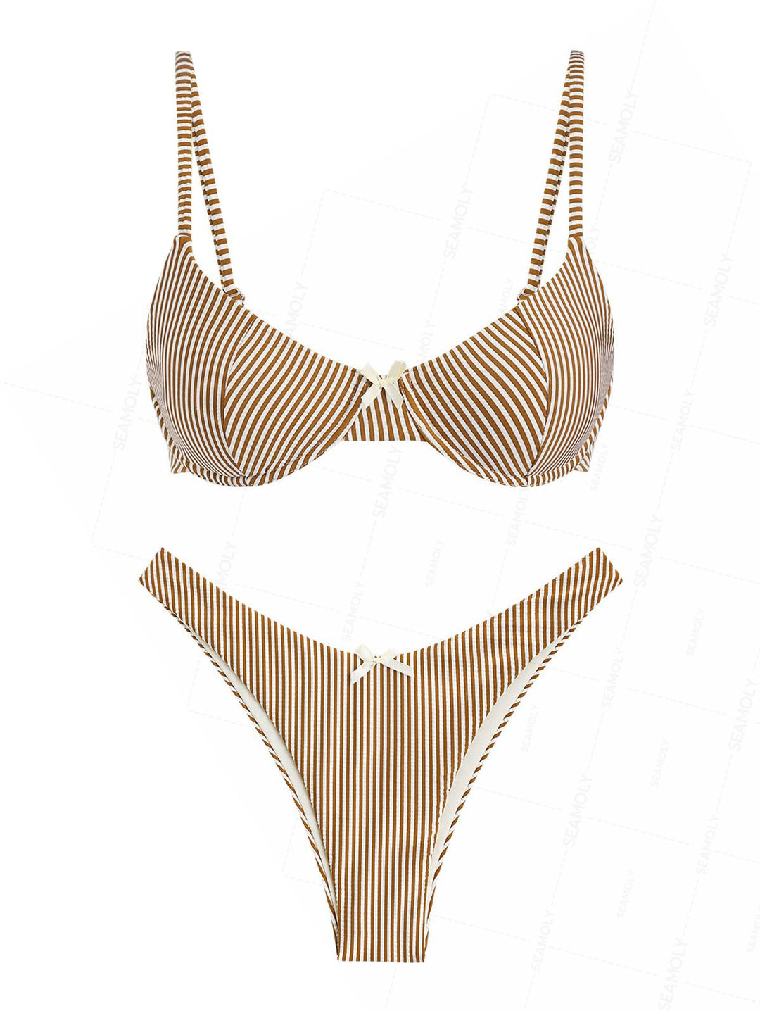 Seamolly Striped Bowknot Cinched Tied Back Underwire Bikini Set