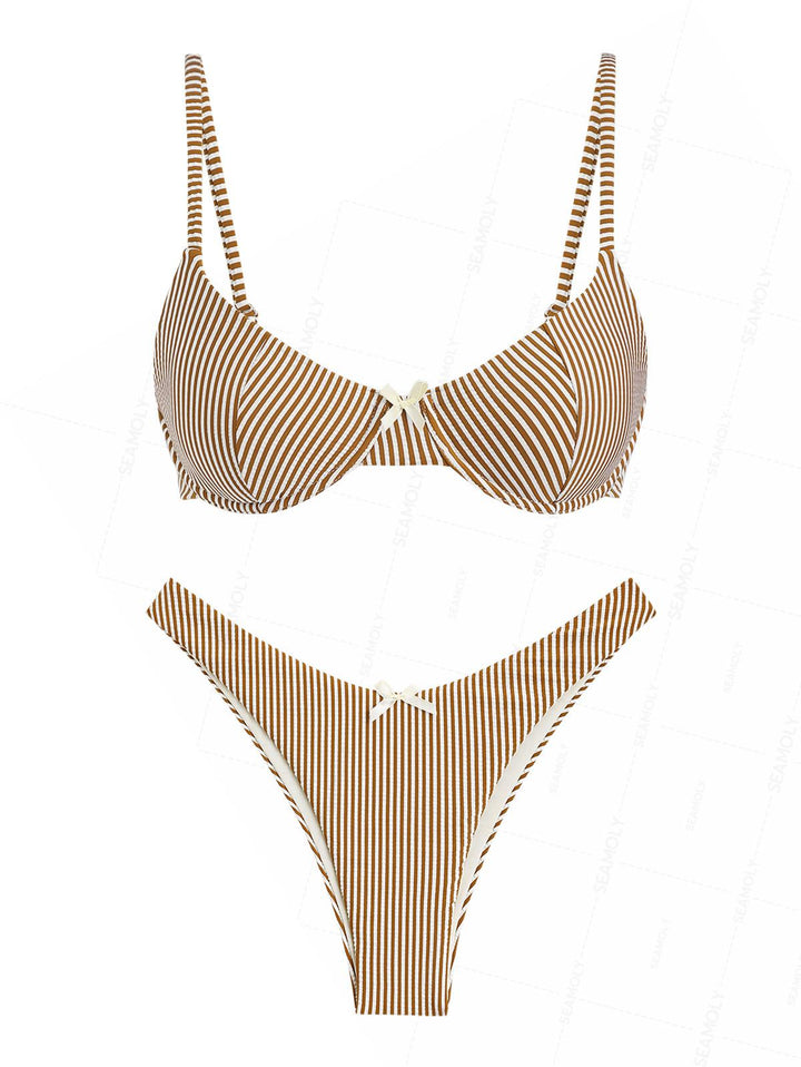 Seamolly Striped Bowknot Cinched Tied Back Underwire Bikini Set