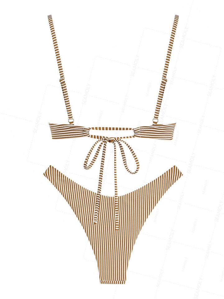 Seamolly Striped Bowknot Cinched Tied Back Underwire Bikini Set