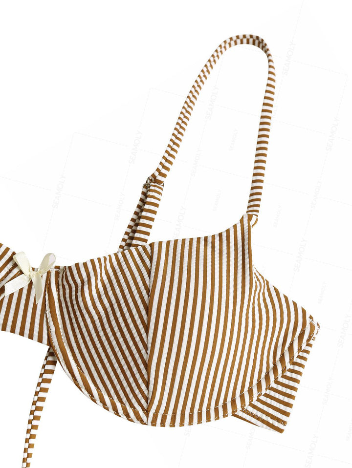 Seamolly Striped Bowknot Cinched Tied Back Underwire Bikini Set
