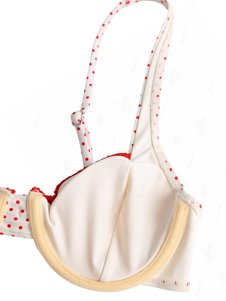 Crystal Cream Polka Dot Lace Bowknot Underwire Bikini Set