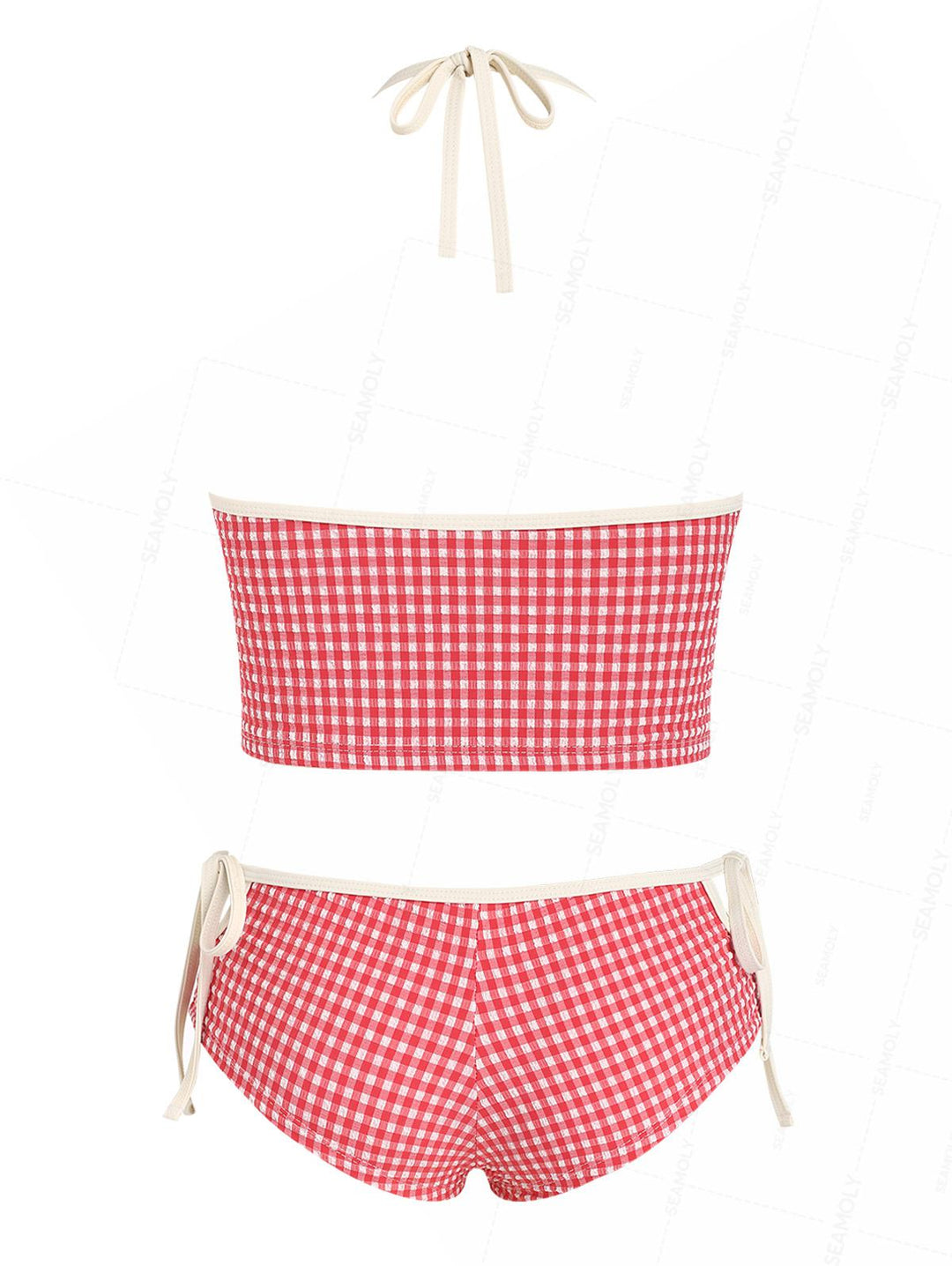 Seamolly 1950s Pin-Up Retro Vintage Gingham Textured Halter Tank Top & Tie Side Boyshort Bottom Tankini Set