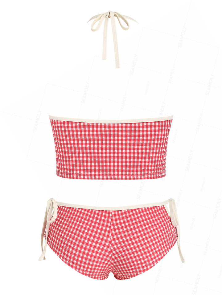 Seamolly 1950s Pin-Up Retro Vintage Gingham Textured Halter Tank Top & Tie Side Boyshort Bottom Tankini Set