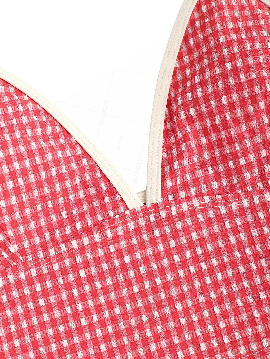 Seamolly 1950s Pin-Up Retro Vintage Gingham Textured Halter Tank Top & Tie Side Boyshort Bottom Tankini Set