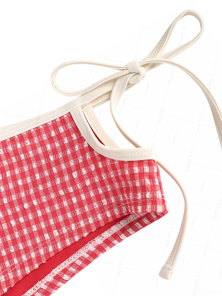 Seamolly 1950s Pin-Up Retro Vintage Gingham Textured Halter Tank Top & Tie Side Boyshort Bottom Tankini Set
