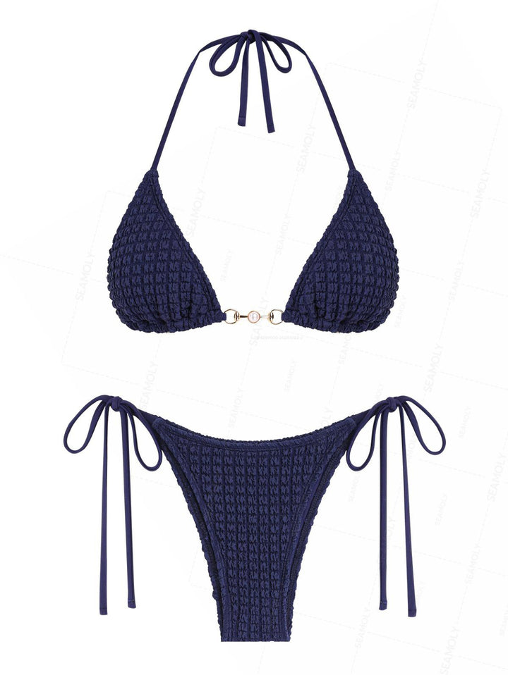 Seamolly Textured Faux Pearl Decor Halter Triangle Tie Side Bikini Set