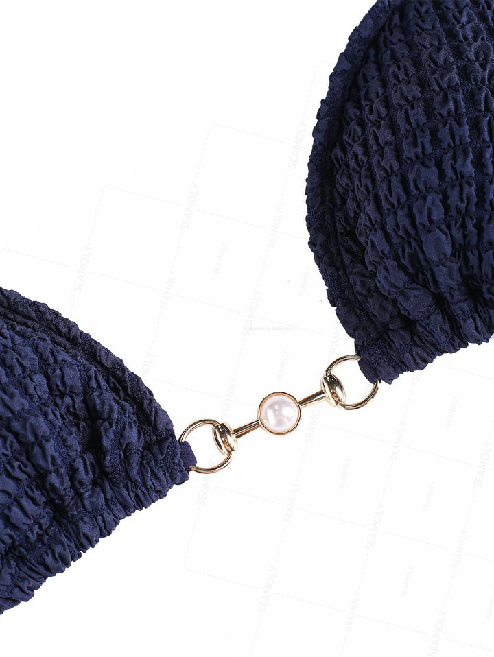 Seamolly Textured Faux Pearl Decor Halter Triangle Tie Side Bikini Set