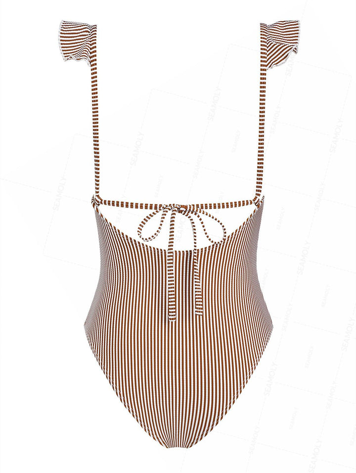 Seamolly Vintage Striped Ruffles Trim Tied Plunging Neck One-piece Swimsuit