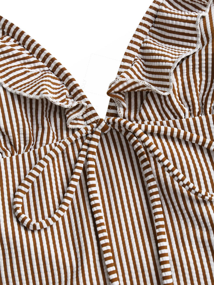 Seamolly Vintage Striped Ruffles Trim Tied Plunging Neck One-piece Swimsuit