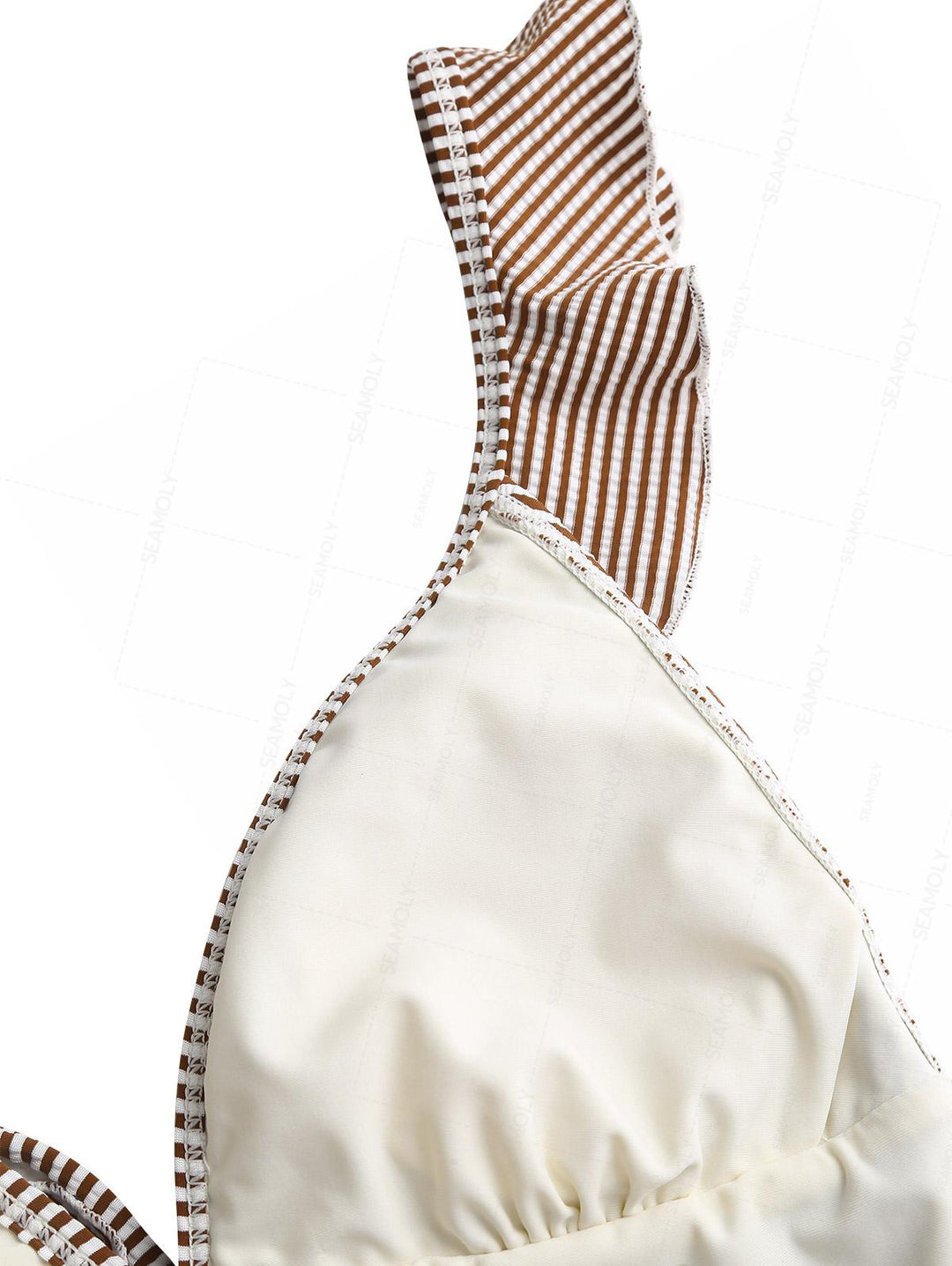 Seamolly Vintage Striped Ruffles Trim Tied Plunging Neck One-piece Swimsuit